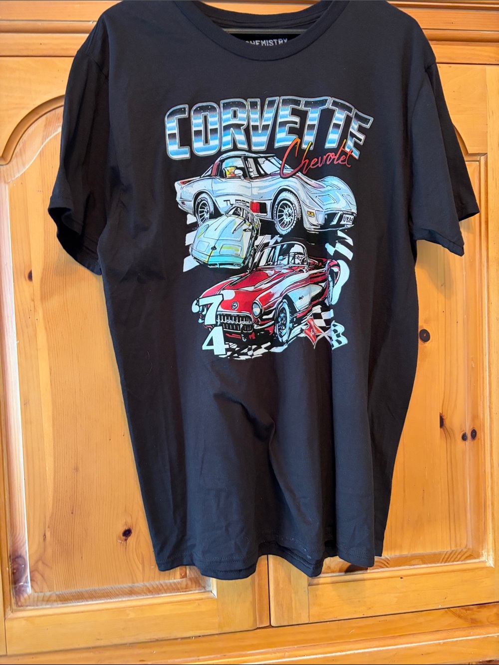 Chemistry Black Corvette Graphic Tee with Red & Light Blue Artwork